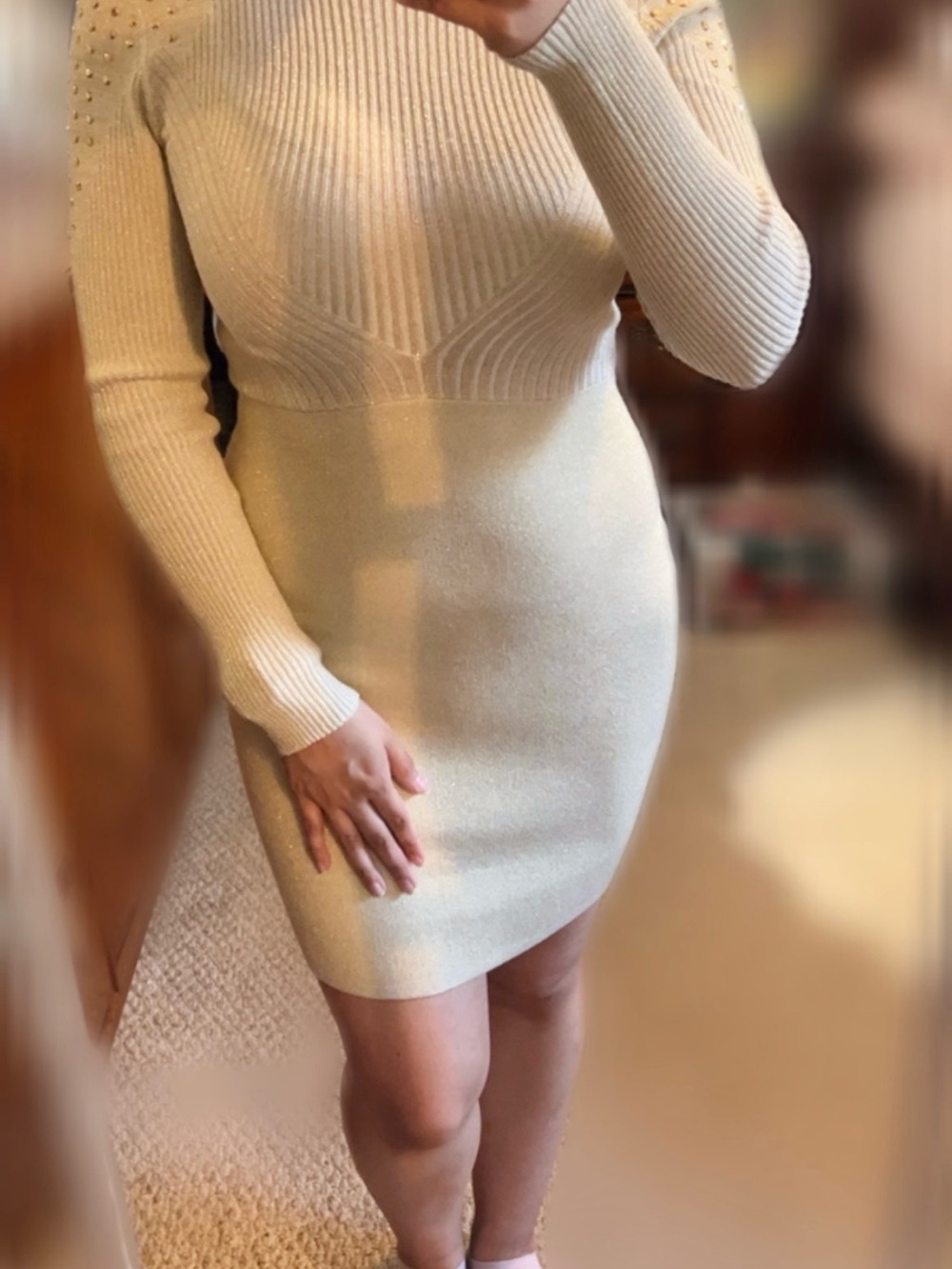 BCX Shimmer Knit Bodycon Sweater Dress in Gold and Cream - Small (can fit MED)
